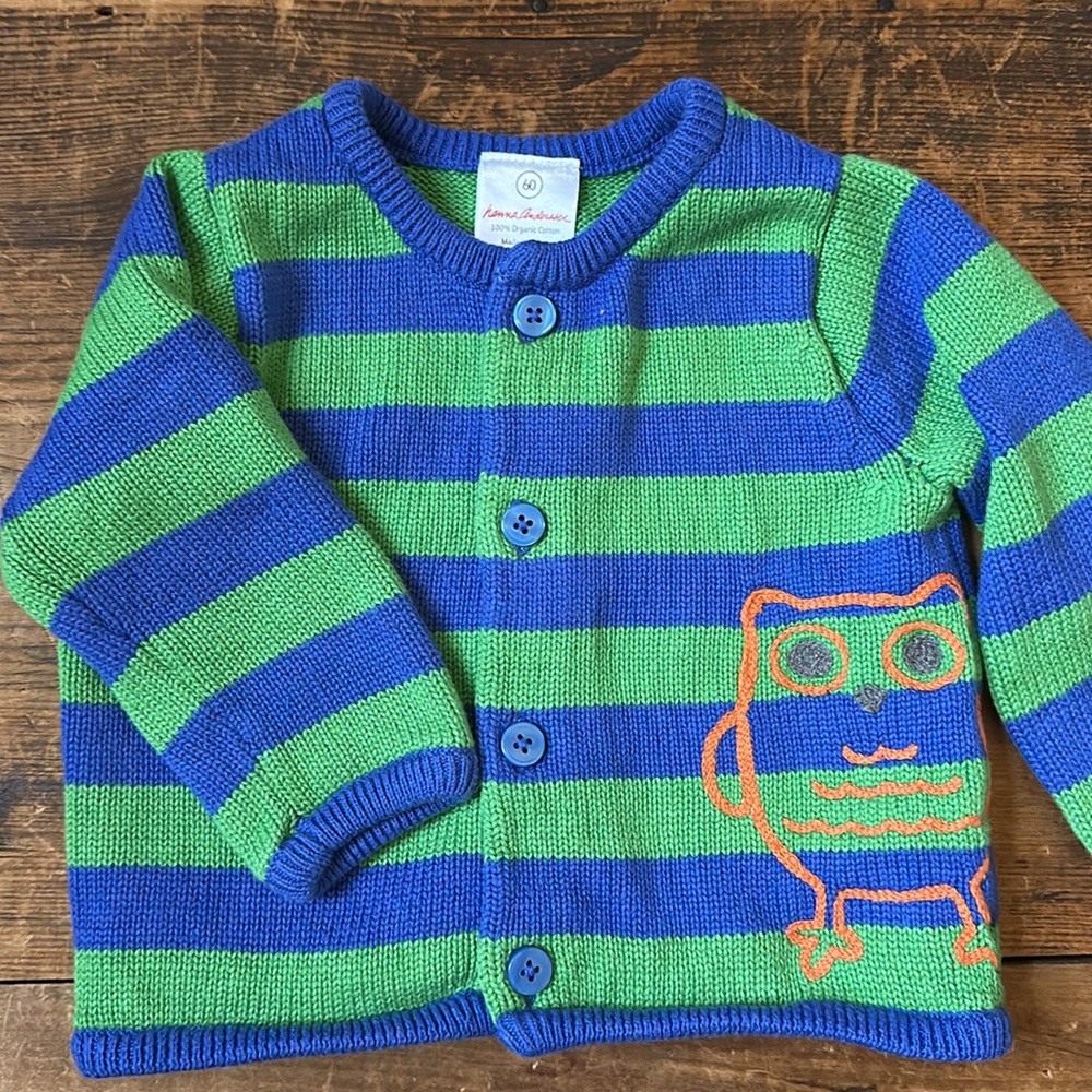 Hanna Andersson 3 - 6 Month Blue Green Striped Cotton Cardigan Owl Embroidery 60